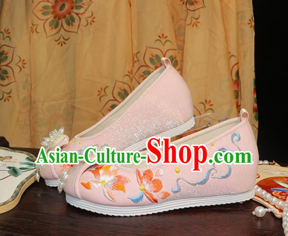 Chinese Pink Cloth Shoes Traditional Ming Dynasty Hanfu Shoes Ancient Princess Shoes Embroidered Lotus Shoes