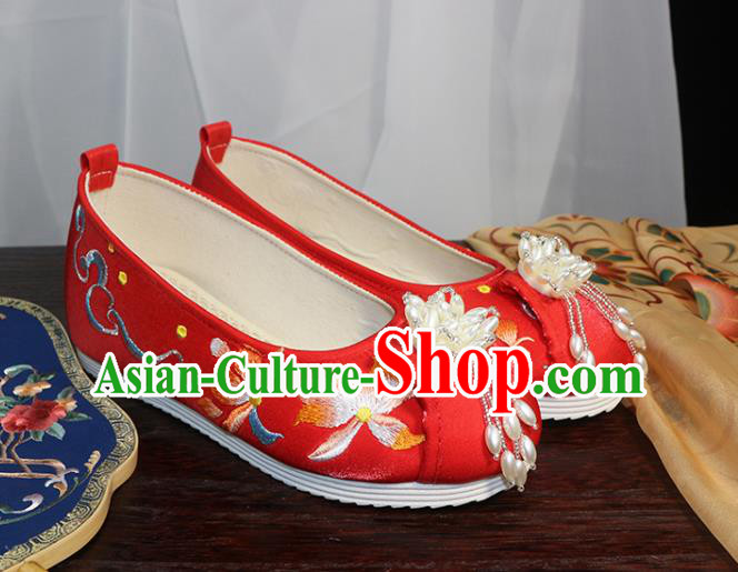 Chinese Embroidered Lotus Shoes Wedding Red Cloth Shoes Traditional Ming Dynasty Hanfu Shoes Ancient Princess Shoes