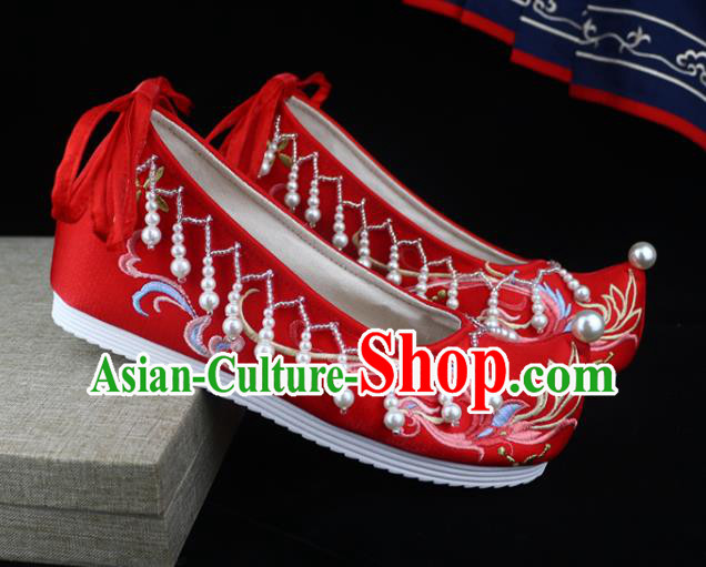 Chinese Wedding Embroidered Shoes Red Satin Shoes Traditional Ming Dynasty Hanfu Shoes Ancient Princess Bow Shoes