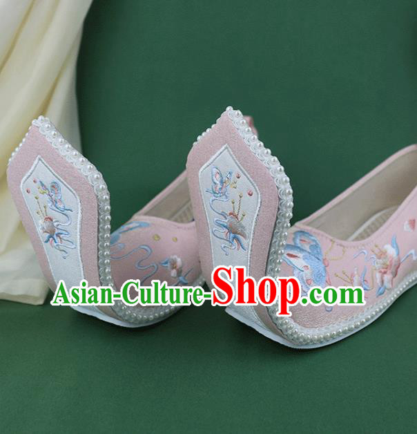 Chinese Embroidered Butterfly Pink Cloth Shoes Traditional Zhou Dynasty Hanfu Shoes Ancient Princess Shoes