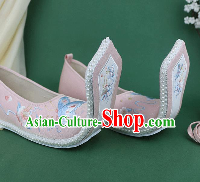Chinese Embroidered Butterfly Pink Cloth Shoes Traditional Zhou Dynasty Hanfu Shoes Ancient Princess Shoes