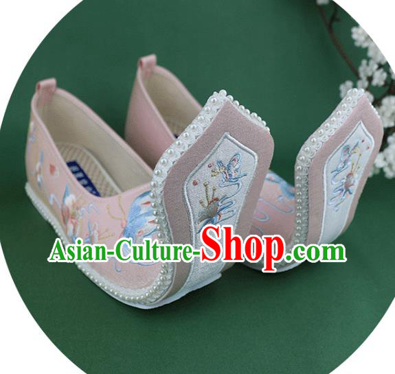 Chinese Embroidered Butterfly Pink Cloth Shoes Traditional Zhou Dynasty Hanfu Shoes Ancient Princess Shoes