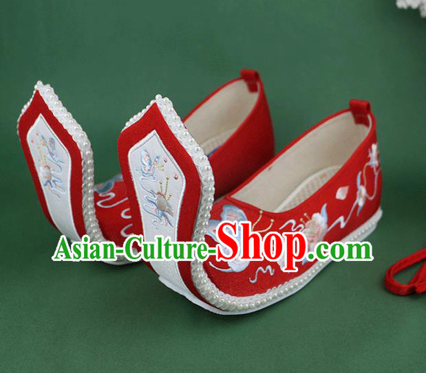 Chinese Ancient Princess Wedding Shoes Embroidered Butterfly Red Cloth Shoes Traditional Zhou Dynasty Hanfu Shoes