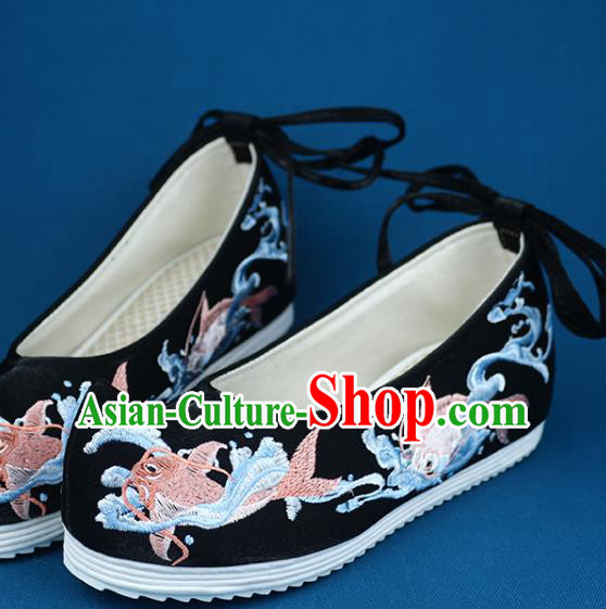Chinese Ancient Princess Hanfu Shoes Traditional Ming Dynasty Embroidered Shoes Handmade Black Cloth Shoes