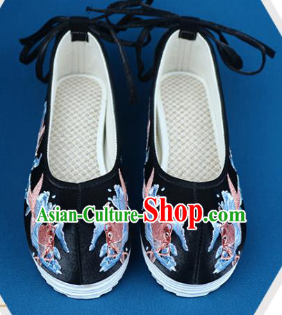 Chinese Ancient Princess Hanfu Shoes Traditional Ming Dynasty Embroidered Shoes Handmade Black Cloth Shoes