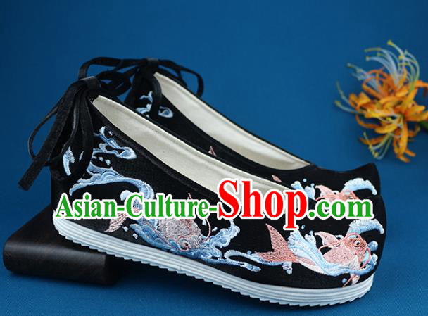 Chinese Ancient Princess Hanfu Shoes Traditional Ming Dynasty Embroidered Shoes Handmade Black Cloth Shoes