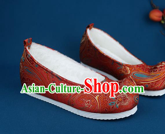 Chinese Traditional Red Brocade Shoes Ming Dynasty Satin Shoes Handmade Wedding Shoes Ancient Princess Shoes