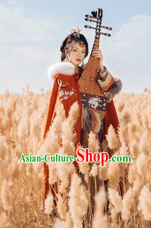 China Traditional Han Dynasty Imperial Consort Embroidered Cape Historical Clothing Ancient Court Woman Red Cloak Hanfu Garment