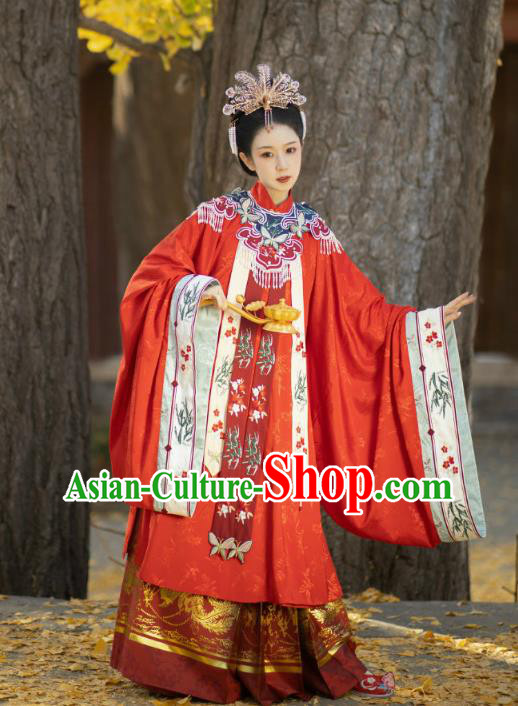 China Traditional Wedding Hanfu Garments Ming Dynasty Imperial Consort Embroidered Red Dress Ancient Noble Woman Historical Clothing