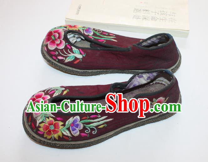 Chinese Handmade National Woman Shoes Folk Dance Dark Red Cloth Shoes Traditional Embroidered Shoes