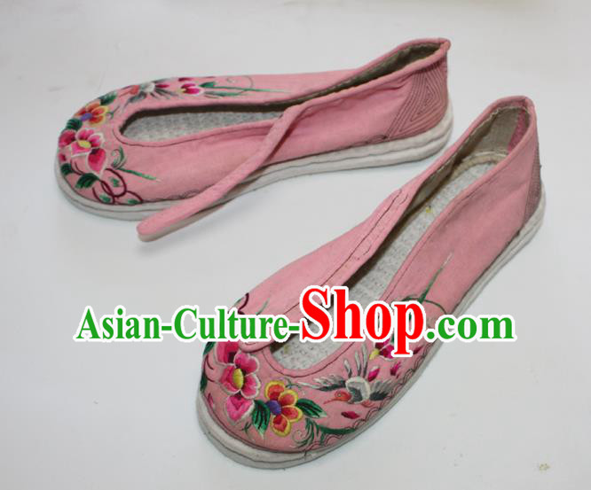 Chinese Traditional Pink Embroidered Shoes Handmade Strong Cloth Soles Shoes Folk Dance Shoes