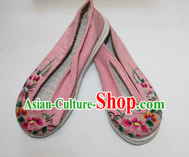 Chinese Traditional Pink Embroidered Shoes Handmade Strong Cloth Soles Shoes Folk Dance Shoes
