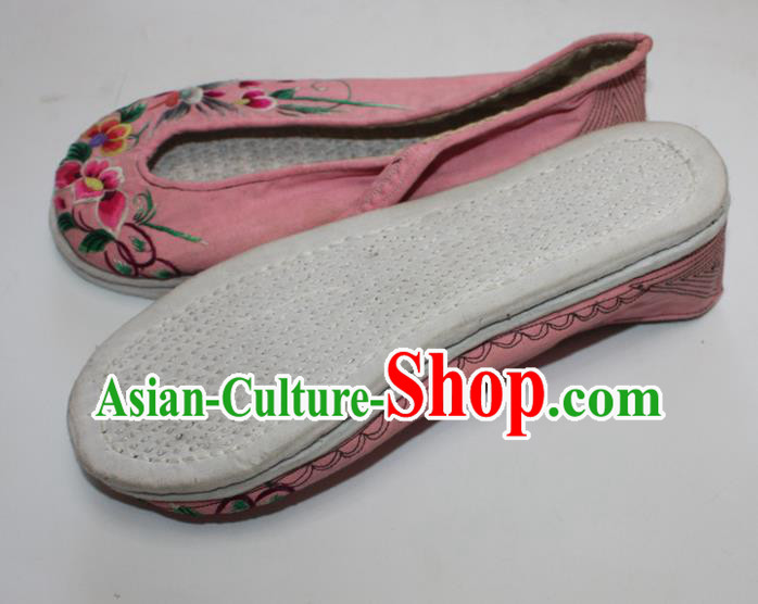 Chinese Traditional Pink Embroidered Shoes Handmade Strong Cloth Soles Shoes Folk Dance Shoes
