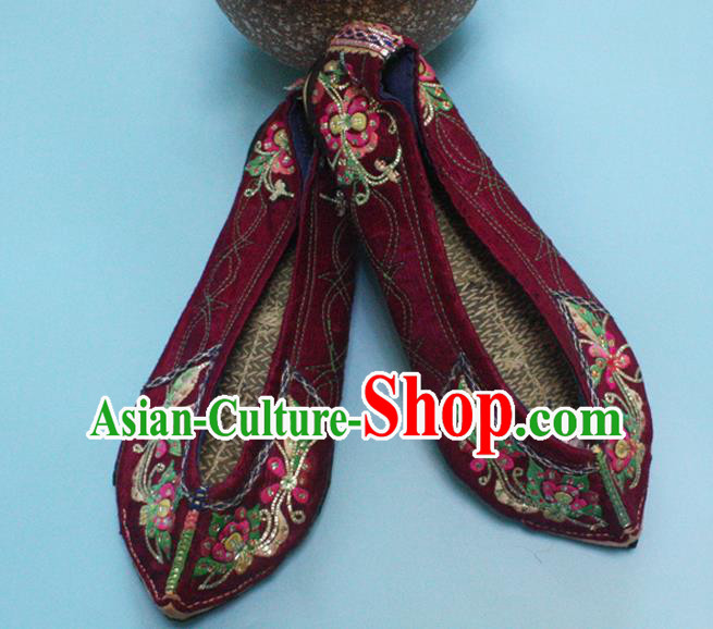 Chinese Folk Dance Wine Red Satin Shoes Traditional Yi Nationality Embroidered Shoes Handmade Strong Cloth Soles Shoes