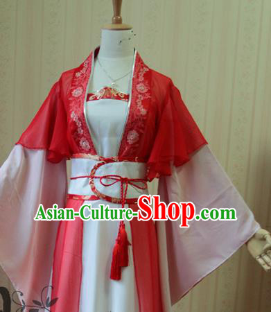 China Cosplay Swordswoman Jun Fu Clothing Ancient Palace Lady Garments Traditional Jin Dynasty Princess Red Hanfu Dress