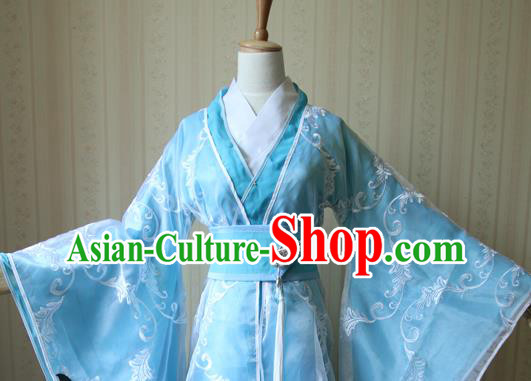 Chinese Traditional Jin Dynasty Childe Apparels Ancient Scholar Garment Costumes Cosplay Swordsman Su Yu Blue Hanfu Clothing