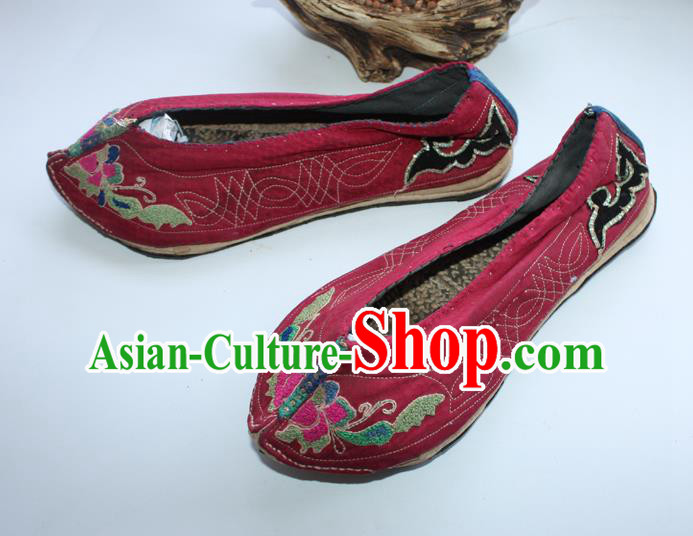 Chinese Yunnan Ethnic Wine Red Cloth Shoes Traditional Wedding Embroidered Shoes Handmade Yi Nationality Bride Shoes