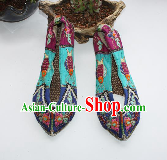 Chinese Handmade Shui Nationality Bride Shoes Yunnan Ethnic Blue Cloth Shoes Traditional Embroidered Shoes
