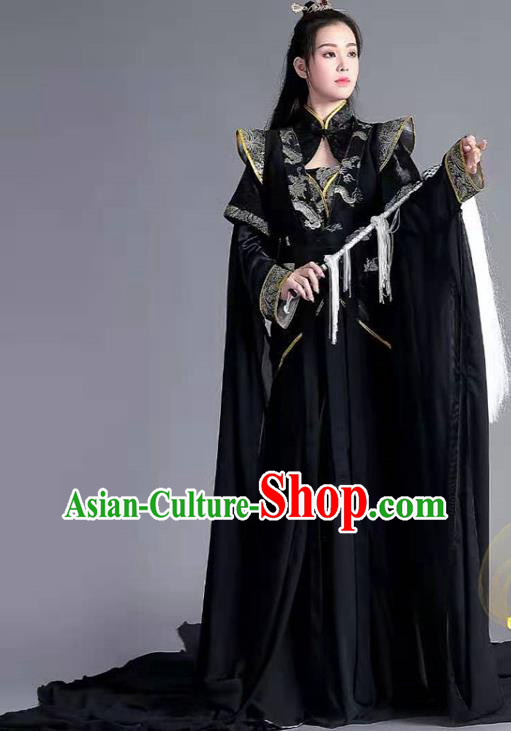 China Ancient Taoist Nun Garments Traditional Song Dynasty Black Hanfu Dress Cosplay Swordswoman Xuan Nv Clothing