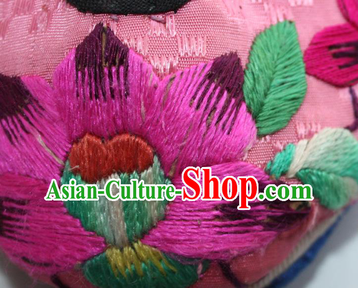 Chinese Handmade Pink Satin Shoes Yi Nationality Embroidered Shoes Yunnan Ethnic Dance Shoes