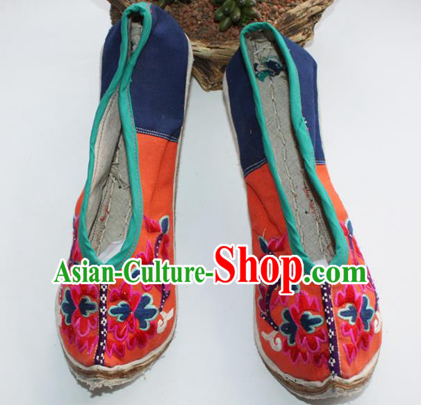 Chinese Yi Nationality Orange Embroidered Shoes Yunnan Ethnic Folk Dance Shoes Handmade Strong Cloth Soles Shoes