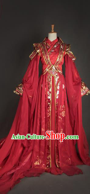 Chinese Ancient King Dong Hua Garment Costumes Cosplay Swordsman Red Hanfu Clothing Traditional Wedding Apparels