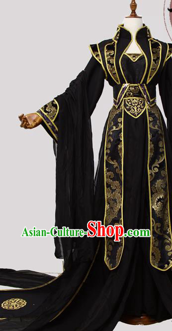 China Cosplay Female Swordsman Clothing Ancient Fairy Queen Garments Traditional Jin Dynasty Princess Black Hanfu Dress