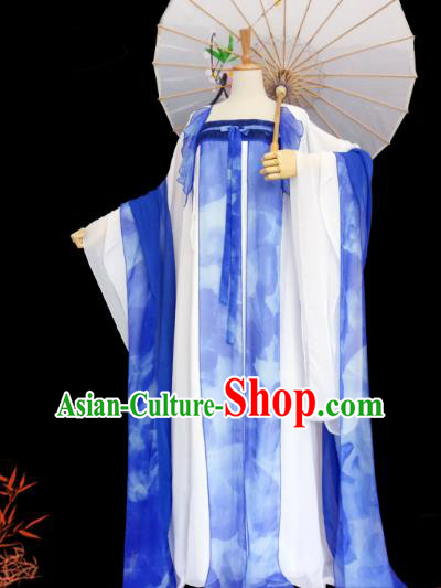 China Ancient Imperial Concubine Garments Traditional Tang Dynasty Palace Lady Blue Hanfu Dress Cosplay Fairy Clothing