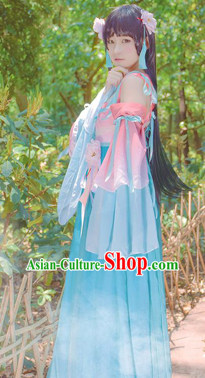 China Traditional Young Lady Blue Hanfu Dress Cosplay Swordswoman Clothing Ancient Fairy Garments