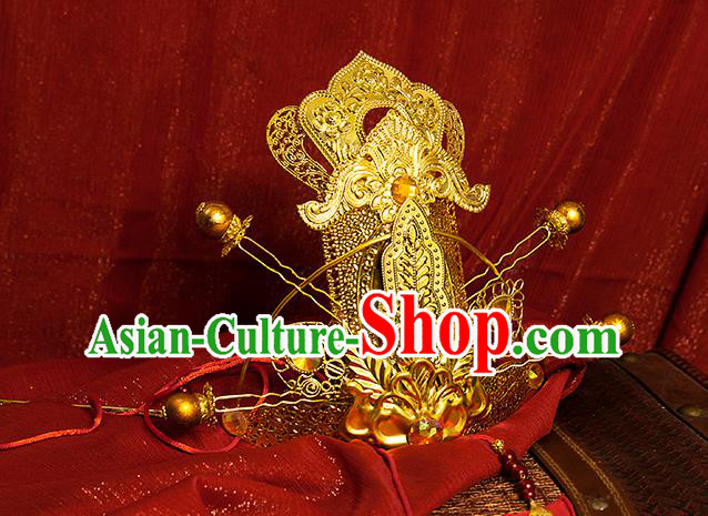 China Traditional Ancient Prince Golden Hair Crown Hairpins Heaven Official Blessing Cosplay Swordsman Xie Lian Headdress