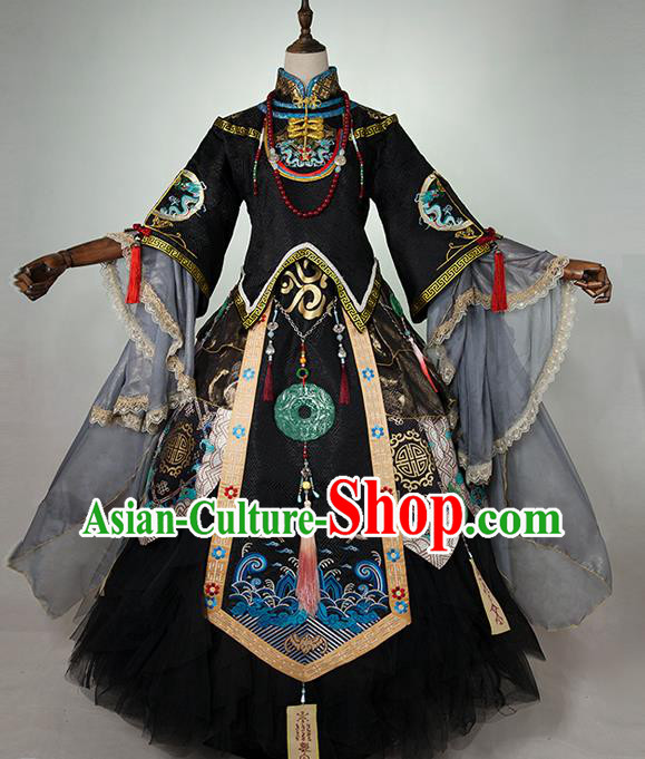 China Ancient Fairy Queen Black Garments Traditional Game Performance Black Dress Cosplay Goddess Clothing