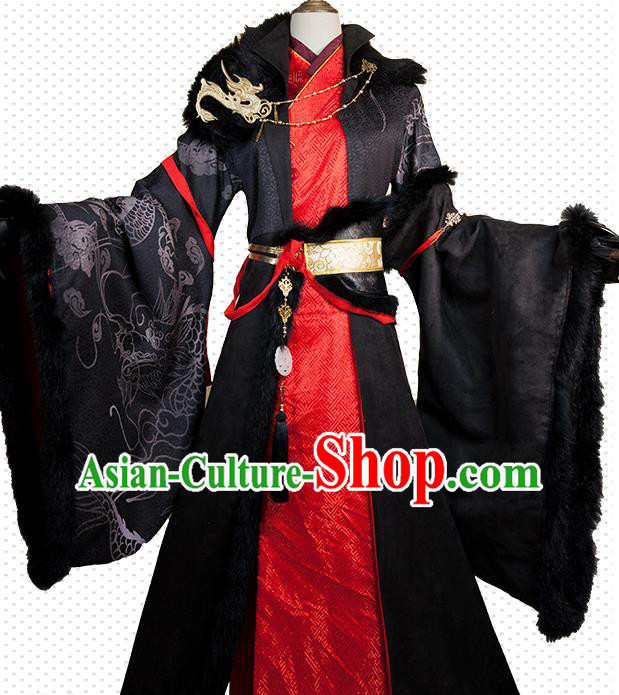 Chinese Cosplay Swordsman Black Clothing Traditional Qin Dynasty Royal Highness Apparels Ancient Emperor Garment Costumes