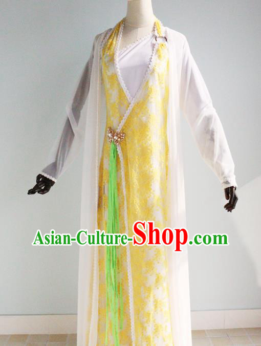 China Ancient Princess Garments Traditional Goddess Yellow Hanfu Dress Cosplay Drama Seven Fairy Huang Er Clothing