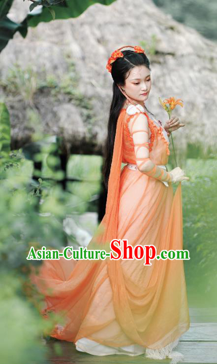 China Cosplay Drama Seven Fairy Cheng Er Clothing Ancient Goddess Princess Garments Traditional Dance Orange Hanfu Dress
