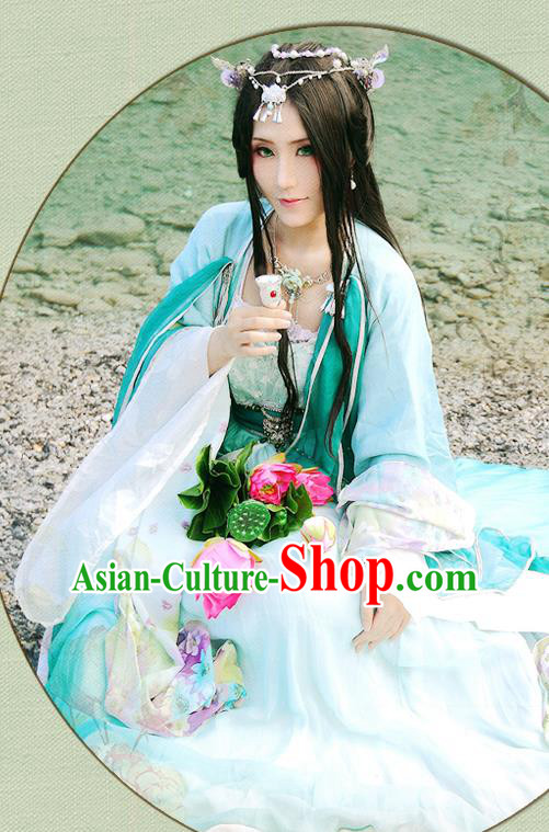 China Ancient Young Beauty Garments Traditional Song Dynasty Princess Blue Hanfu Dress Cosplay Swordswoman Clothing