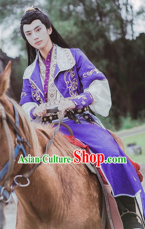 China Ancient Young Hero Apparels Jin Dynasty Childe Garment Costumes Traditional Cosplay Swordsman Purple Hanfu Clothing