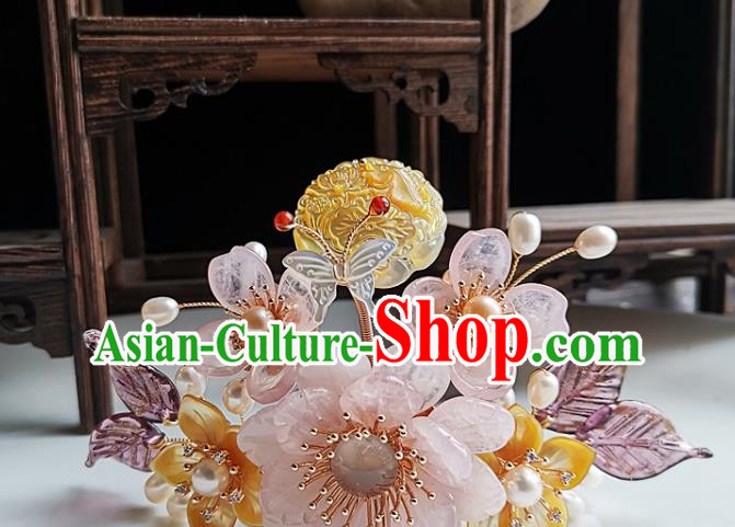 China Tang Dynasty Empress Shell Hair Crown Traditional Hanfu Hair Accessories Handmade Ancient Court Woman Rose Quartz Peony Hairpin