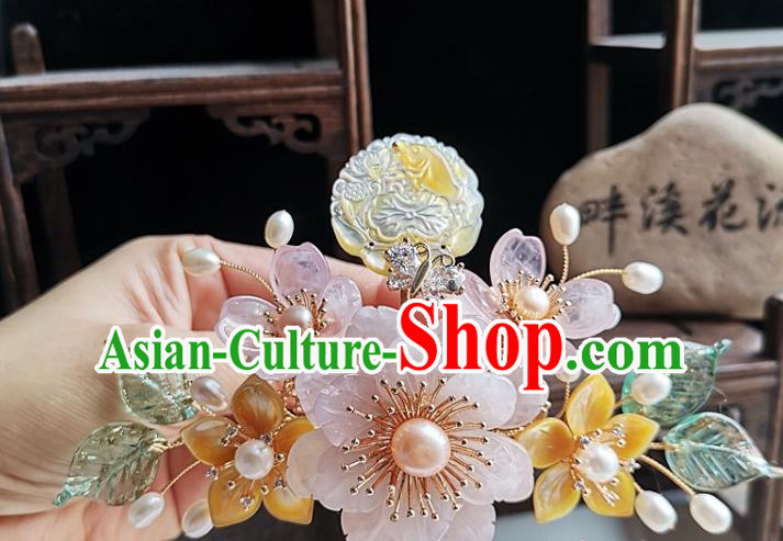 China Traditional Hanfu Hair Accessories Handmade Ancient Court Woman Rose Quartz Peony Hairpin Tang Dynasty Empress Shell Hair Comb