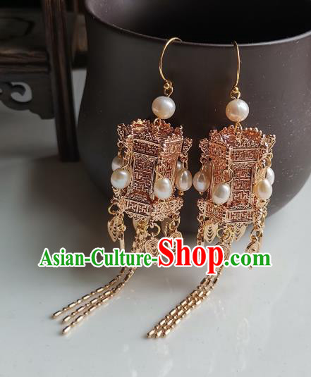 Handmade China Traditional Ming Dynasty Court Woman Ear Accessories Ancient Empress Golden Lantern Earrings