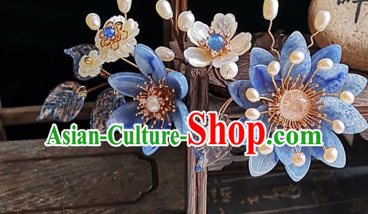 China Ming Dynasty Blue Daisy Hair Comb Traditional Hanfu Hair Accessories Handmade Ancient Palace Lady Shell Flower Hairpin