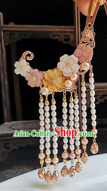 China Song Dynasty Court Woman Golden Hair Stick Traditional Hanfu Hair Accessories Handmade Ancient Empress Pearls Tassel Hairpin