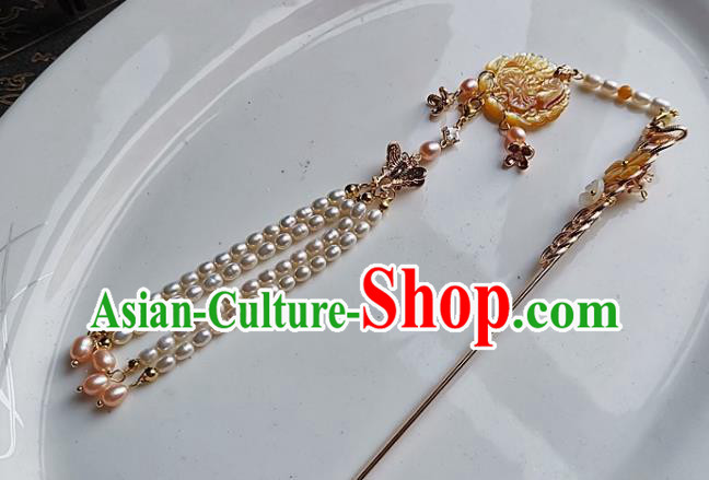 China Ming Dynasty Pearls Tassel Hair Stick Traditional Hanfu Hair Accessories Handmade Ancient Empress Shell Hairpin