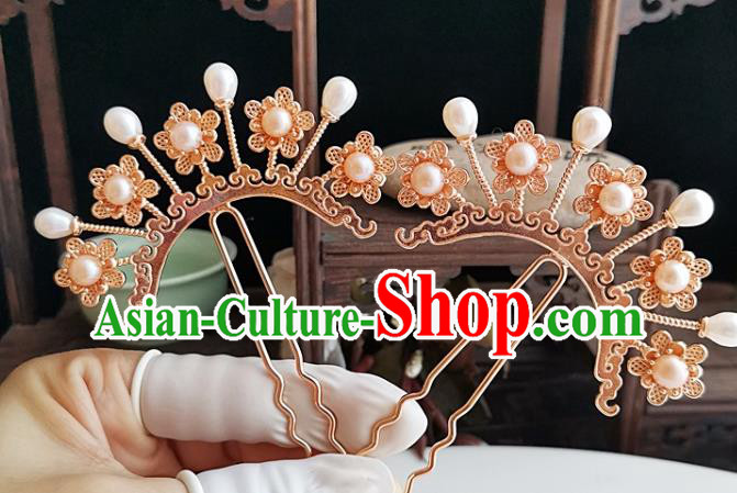 China Tang Dynasty Golden Plum Hair Comb Traditional Hanfu Hair Accessories Handmade Ancient Imperial Concubine Pearls Hairpin