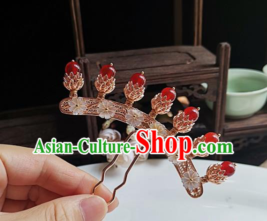 China Ming Dynasty Shell Flowers Hair Comb Traditional Hanfu Hair Accessories Handmade Ancient Empress Golden Hairpin