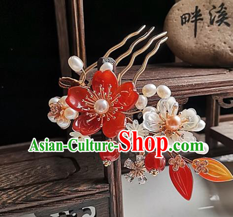 China Ming Dynasty Agate Flower Hair Comb Traditional Hanfu Hair Accessories Handmade Ancient Palace Lady Pearls Hairpin