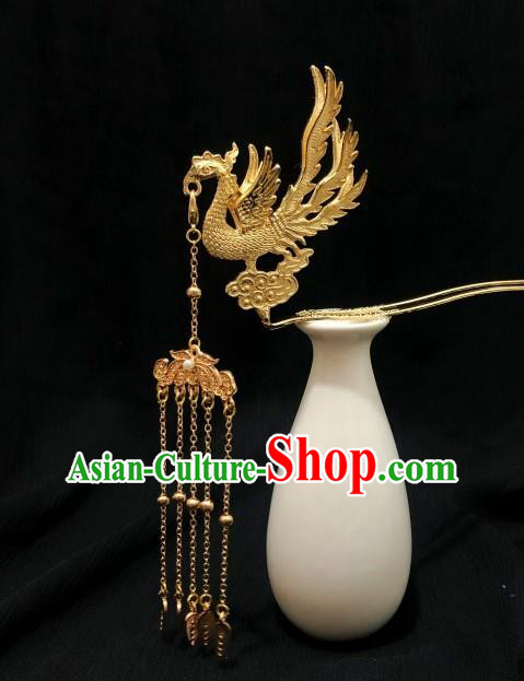 China Ming Dynasty Empress Golden Hair Stick Traditional Hanfu Hair Accessories Handmade Ancient Queen Phoenix Tassel Hairpin