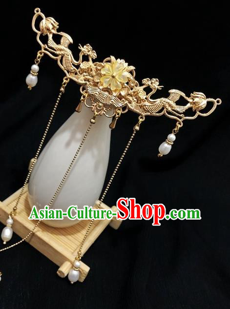 China Ming Dynasty Golden Phoenix Hair Crown Traditional Hanfu Hair Accessories Handmade Ancient Empress Pearls Tassel Hairpin