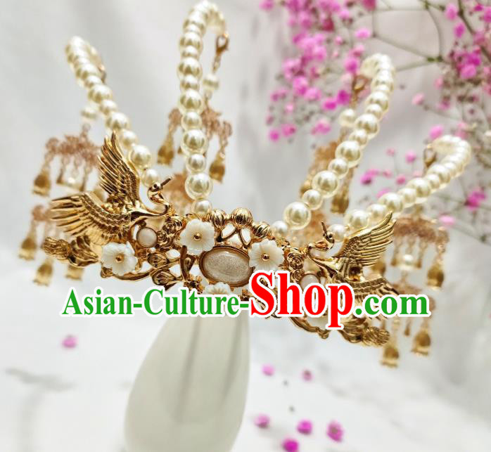 China Ming Dynasty Golden Cranes Hair Crown Traditional Hanfu Wedding Hair Accessories Handmade Ancient Princess Pearls Hairpin