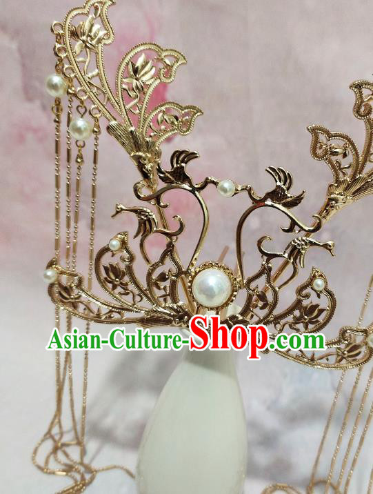 China Tang Dynasty Princess Golden Hair Crown Traditional Hanfu Hair Accessories Handmade Ancient Court Woman Tassel Hairpin