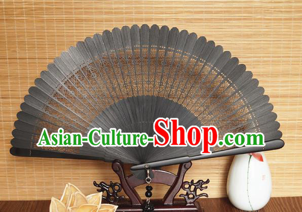 Handmade China Classical Black Accordion Traditional Folding Fans Carving Bamboo Fan
